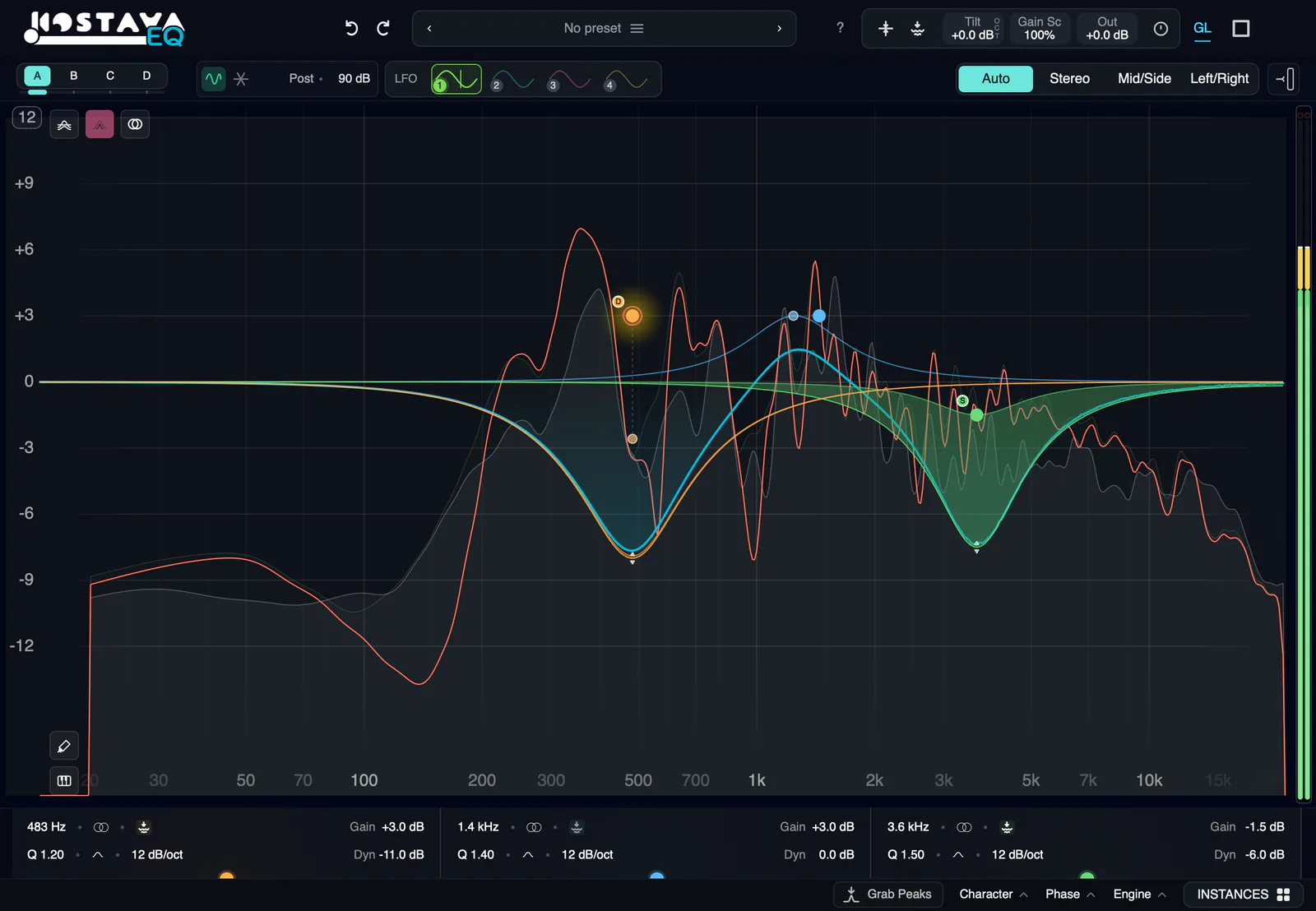 Kostava EQ with three bands over the analyser, processing three panduri voices.