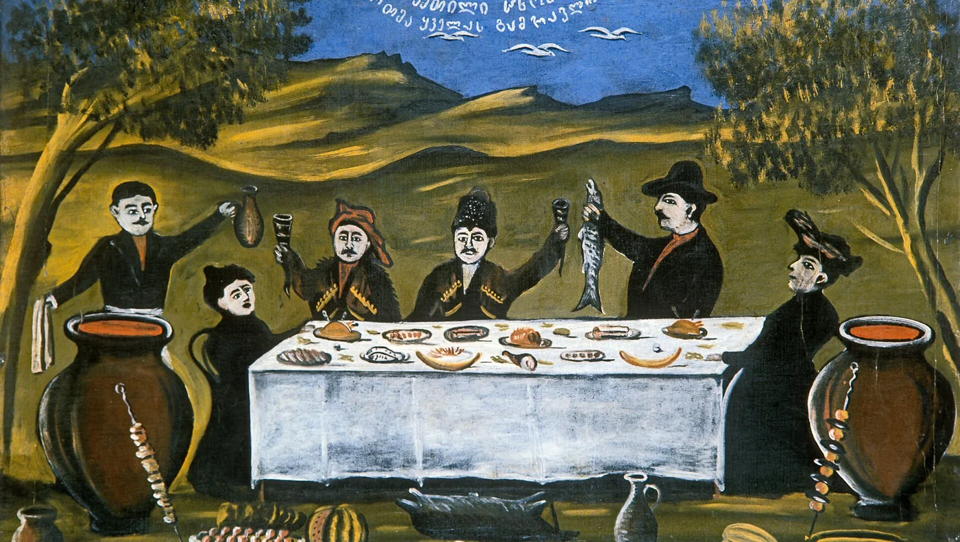 Painting by Niko Pirosmanashvili (Pirosmani) “Bego Company”. Oilcloth, oil. 1907