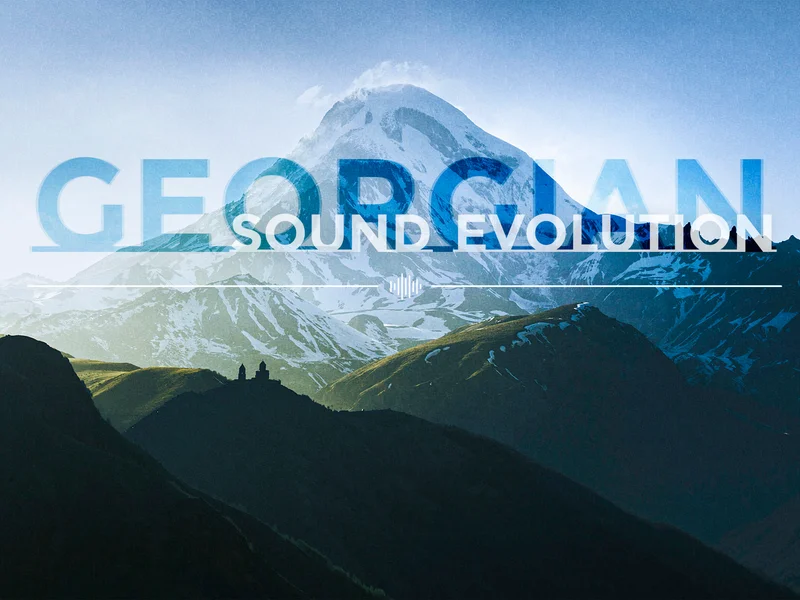 Thumbnail graphic reading "Georgian Sound Evolution" over a Kazbegi mountain landscape — blog card image for Kostava Creative's article on the evolution of Georgian virtual instrument tools