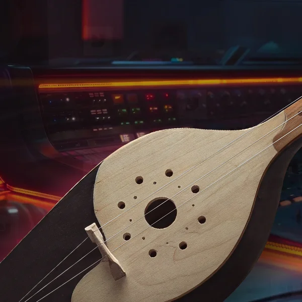 Close-up of a handcrafted Panduri, the traditional Georgian string instrument, against a cinematic studio backdrop — product thumbnail for the Panduri VST3 plugin by Kostava Creative